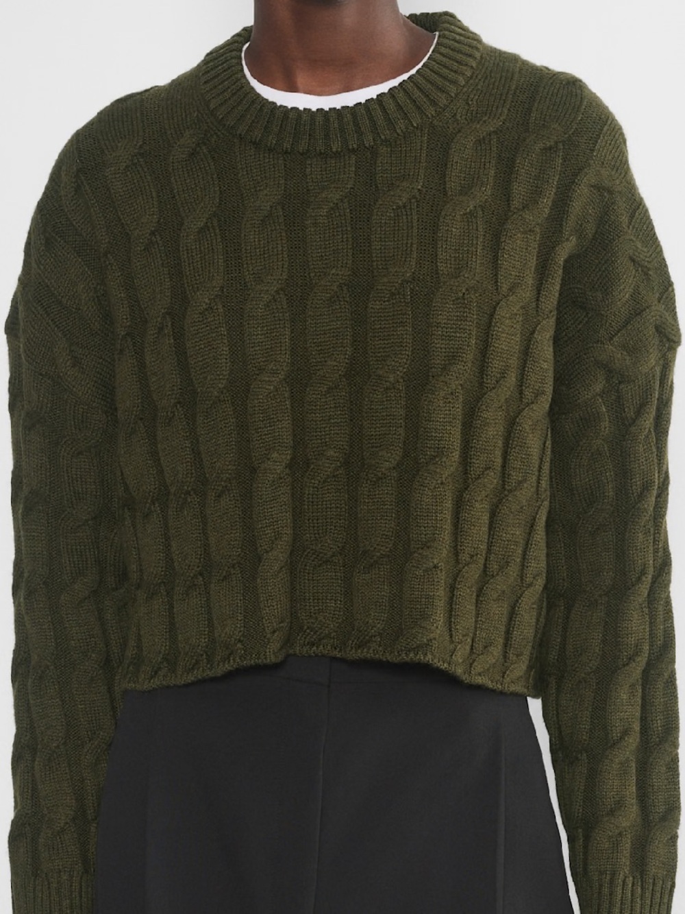 Babaton Olive Green Cable-Knit Cropped Sweater